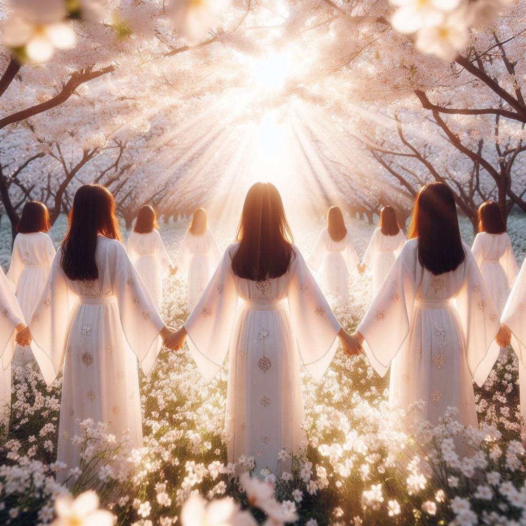 círculo de mujeres vestidas de blanco con un halo de luz y rodeadas de flores blancas